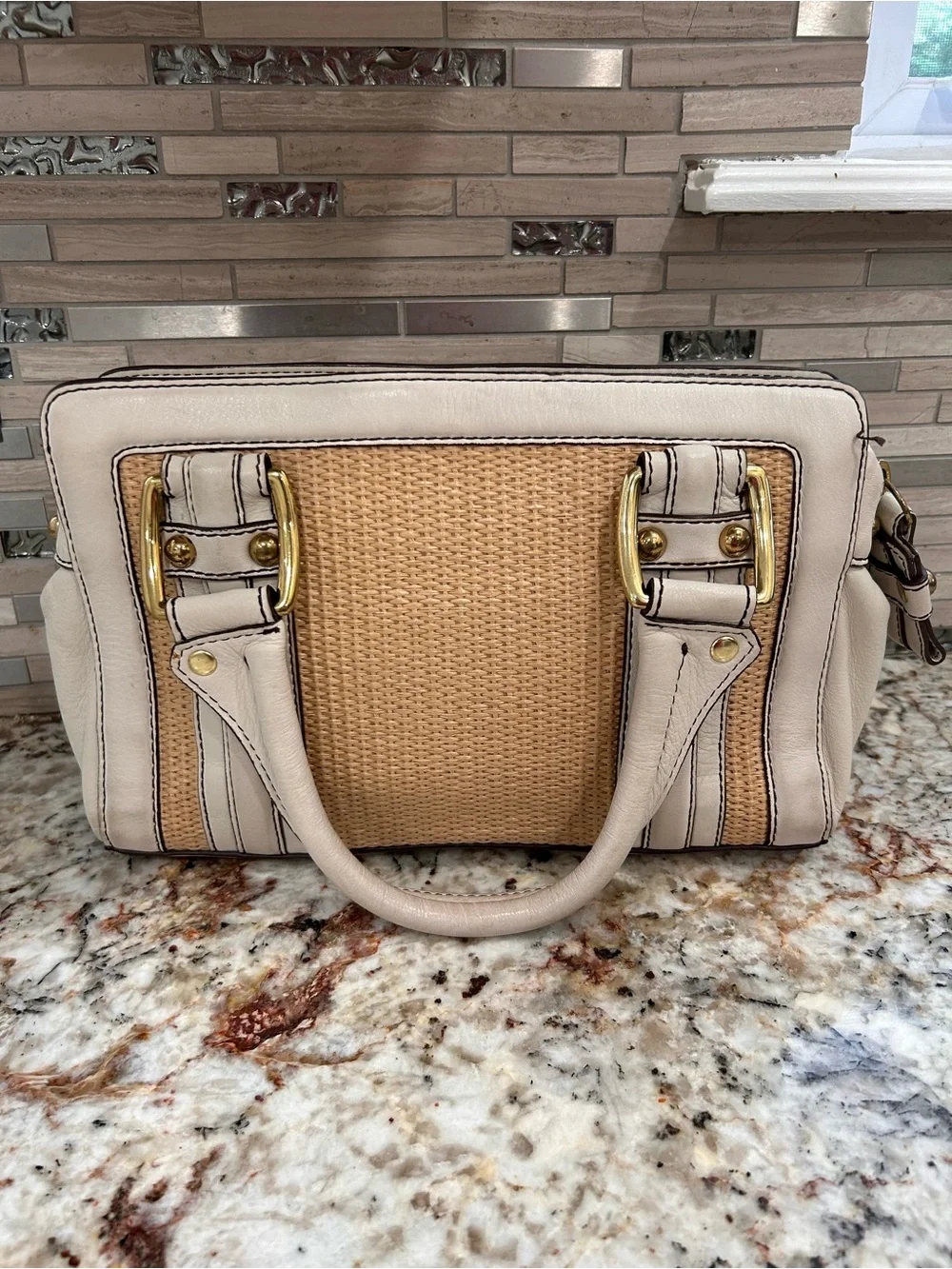 Banana republic, leather& Woven raffia - Ivory and Tan bag